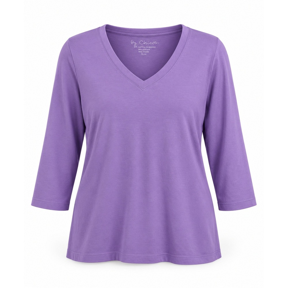 Chico's V-Neck Top Size 1 Medium Purple Cotton Blend 3/4 Sleeve Casual Shirt
